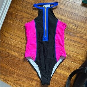 Shein Colorblock Zip Front One Piece Swimsuit